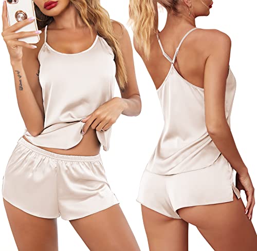 Ekouaer Pajamas Womens Sexy Lingerie Satin Sleepwear Silk Cami Shorts Set Soft Sleep Pjs 2 Piece Nightwear Gift