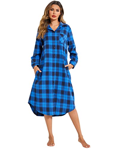 Ekouaer Women39s Flannel Plaid Nightgowns Cotton Long Sleeve Sleepwear Button Down Midi Sleepshirts with Pockets