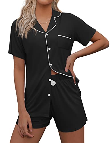 Ekouaer Pajamas Women Short Sleeve Sleepwear Button Down Loungewear Soft Summer Pjs Shorts Set