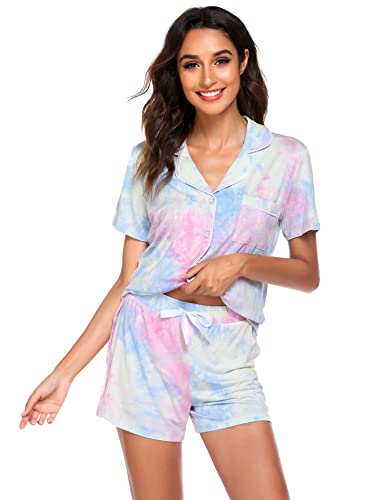 Ekouaer Pajamas Women Short Sleeve Sleepwear Button Down Loungewear Soft Summer Pjs Shorts Set