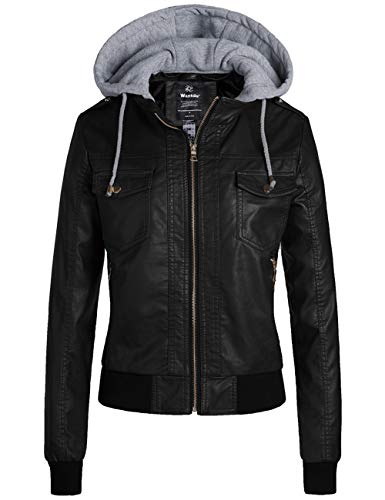 Wantdo Womens Slim Fit Motorcycle PU Leather Jacket with Detachable Hood