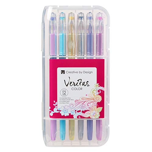 Christian Art Gifts Veritas Gel Pen Set 12 Pack Assorted Color Variety  6 Metallic  6 Glitter NonToxic Leadfree Diamond Tips wClear Case for Coloring Journaling Drawing Compact Travel