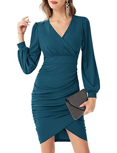 GRACE KARIN Women39s Elegant Ruched Wrap Dress V Neck Long Lantern Sleeve Bodycon Cocktail Party Pencil Dresses