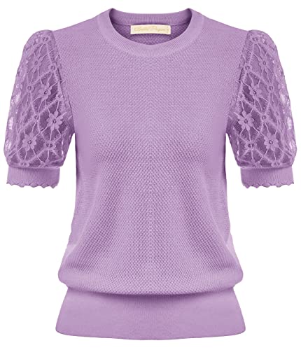 Belle Poque Women39s Vintage Puff Short Sleeve Sweater Blouse Summer Contrast Lace Blouses Tops