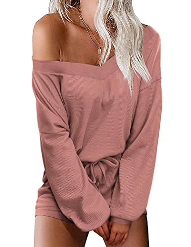 Ekouaer Womens Off Shoulder Lounge Set V Neck Waffle Knit Pajama Sets Long Sleeve Top and Shorts 2 Piece Outfits Sweatsuit