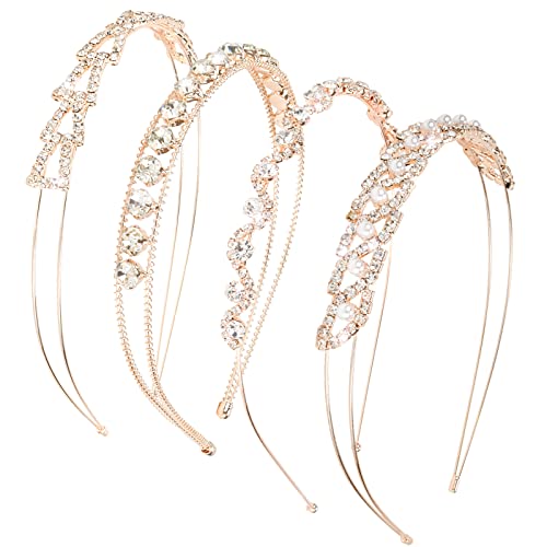 Ondder Rose Gold Rhinestone Headband 4 Pack Wedding Headbands for Women Sparkle Crystal Bridal Headband Elegant Wedding Headband Metal Sparkly Headband for Bride Glitter Shiny Fancy Headbands for Women