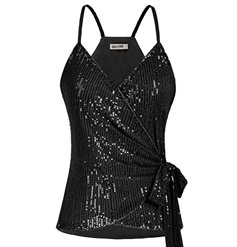 GRACE KARIN Women39s Sequin Tank Tops Sparkle Shimmer Cami Wrap V Neck Tie Waist Sexy Club Vest