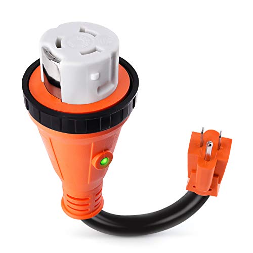 MICTUNING 15A Male to 50A Female RV Power Cord Plug Adapter Heavy Duty Electrical Power Adapter with Locking Connector LED Indicator