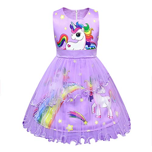 Dressy Daisy Girls Rainbow Unicorn Pony Birthday Party Fancy Costume Tulle Dress Summer Clothes Pink Purple