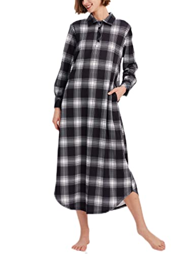 Ekouaer Women39s Cotton Nightgown Long Sleeve Nightshirt Full Length Loungewear Plaid Sleepwear With Pockets