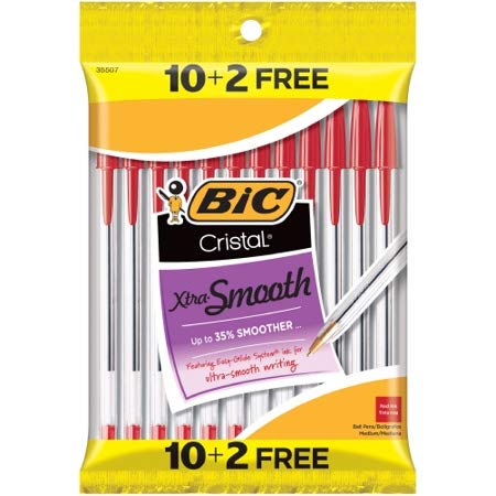 Red Bic Cristal XtraSmooth Medium Point Ballpoint Pen 10 count  2 free 12 total