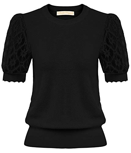 Belle Poque Women39s Vintage Puff Short Sleeve Sweater Blouse Summer Contrast Lace Blouses Tops