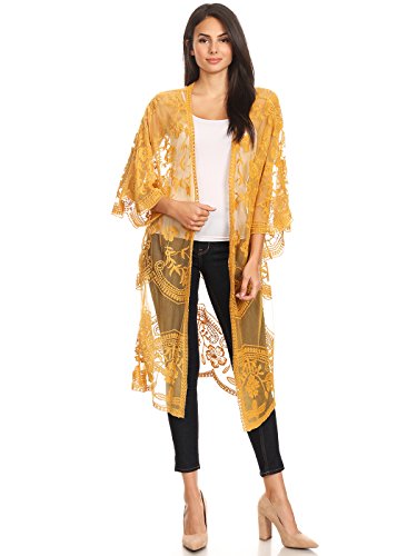 AnnaKaci Womens Long HalfSleeve Embroidered Lace Kimono Cardigan