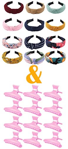 12 Pack Floral Print Headbands for Women Knotted Headbands Fashion Women Girls Headbands with 12 Pcs Pink Butterfly Hair Clamps Clips for Styling Sectioning