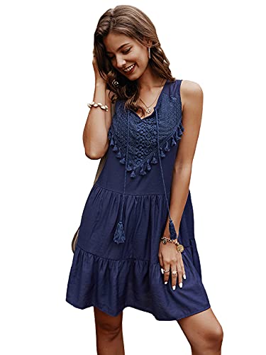 AnnaKaci Women Vintage Babydoll Lace VNeck Sleeveless Solid Mini Swing Dress