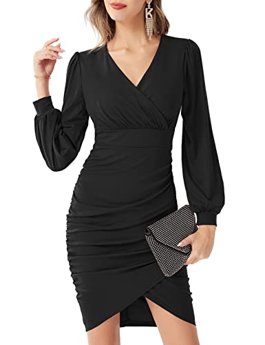 GRACE KARIN Women39s Elegant Ruched Wrap Dress V Neck Long Lantern Sleeve Bodycon Cocktail Party Pencil Dresses