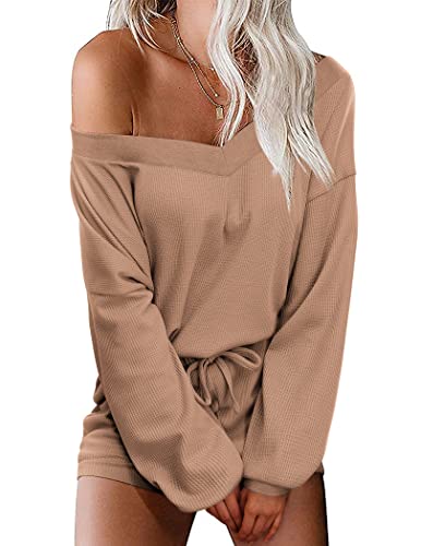 Ekouaer Womens Off Shoulder Lounge Set V Neck Waffle Knit Pajama Sets Long Sleeve Top and Shorts 2 Piece Outfits Sweatsuit