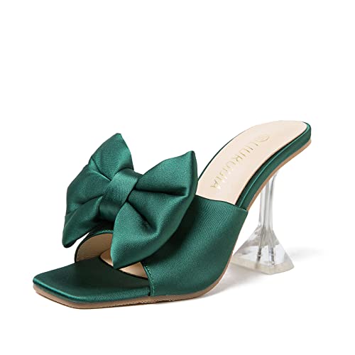 Women39s Square Toe High Heel Mule Sandals Bow Heel Sandals Comfortable Wedding bridal Party Dress Shoes Slide