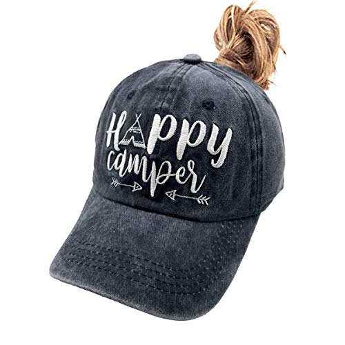 LOKIDVE Women39s Happy Camper Ponytail Hat Messy High Bun Distressed Baseball Cap