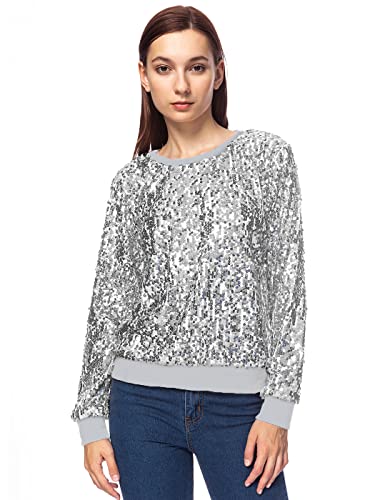 Women Sequin Crewneck Sweatshirt Long Sleeve Casual Glitter Sparkly Pullover Top