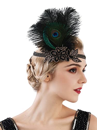 SWEETV 1920s Flapper Feather Headband 20s Sequined Showgirl Headpiece Gatsby Hair Accessories for Women 01 Black