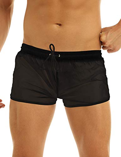 FEESHOW Mens Swim Trunks SeeThrough Drawstring Swimming Boxer Beach Shorts Swimsuits with Pocket