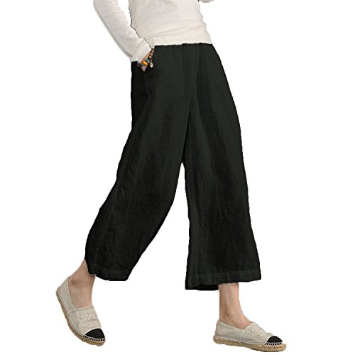 ECUPPER Womens Casual Loose 100 Linen Elastic Wasit Ankle Pants Plus Size Cropped Trousers