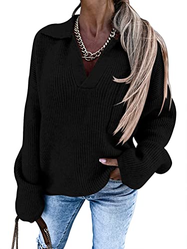 Imily Bela Women39s V Neck Fall Sweaters Long Sleeve Collared Oversized Knitted Outfits Pullover Jumper Top with Pocket