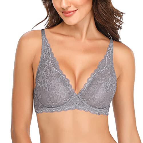 Wingslove Lace Bra for Women Unlined Sexy See Through Deep V Bralette Underwire Bra