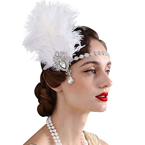 SWEETV 1920s Feather Headpiece Black Womens Ostrich Feather Crystal Headband Great Gatsby Hair Accessories for Women Ribbon Tie