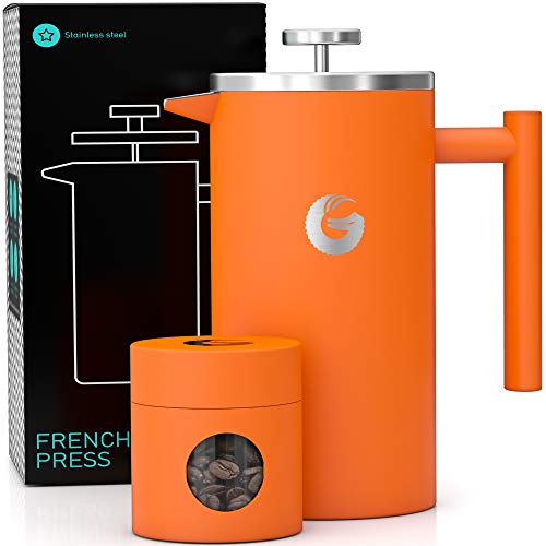 Coffee Gator French Press Coffee Maker Insulated Stainless Steel Manual Coffee Makers For Home Camping w Travel Canister Presses 4 Cup Serving Black