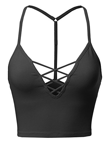 Women39s Solid Fitted Cross Spaghetti Strap Bralette Top