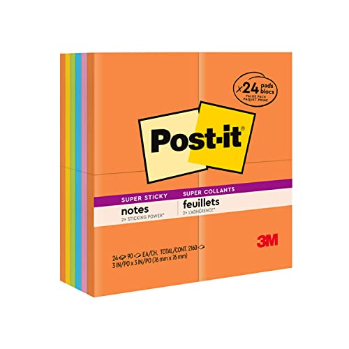 Postit Super Sticky Notes 3 in x 3 in 24 Pads 2x the Sticking Power Energy Boost Collection Bright Colors Recyclable 65424SSAU