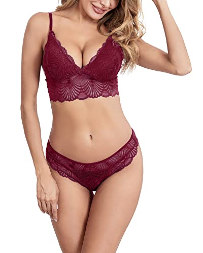 LINGERLOVE Bralette and Panty Sets for Women Flora Lace Lingerie Set Bra Crop Top with Removable Padded