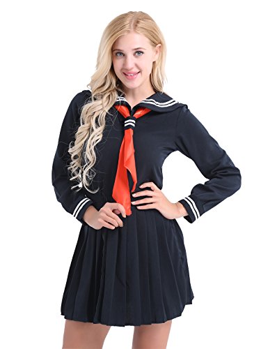 iEFiEL 3Pcs Women School Girls Cosplay Costume School Uniform Sailor Suit Long Sleeve Shirt  Skirt  Neckerchief