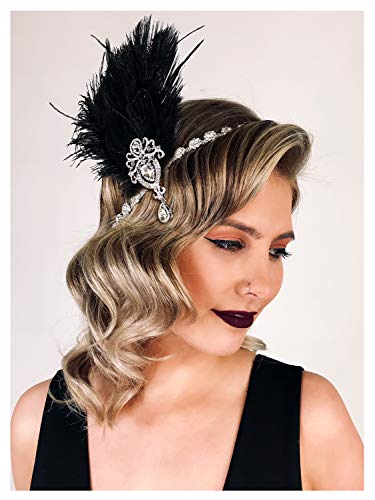 SWEETV 1920s Feather Headpiece Black Womens Ostrich Feather Crystal Headband Great Gatsby Hair Accessories for Women Ribbon Tie