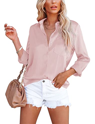 OMSJ Women39s Button Down Shirts Satin V Neck Long Sleeve Casual Work Blouse Tops with Pocket