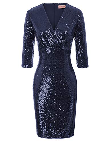 Belle Poque Vintage 50s Sequin Pencil Dress V Neck Glitter Dresses for Women