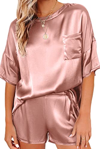 Ekouaer Satin Pajamas for Women Short Sleeve Silk Pajama Sets Soft Sleepwear Top with Causal Pj Shorts