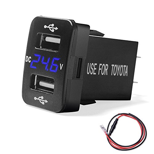 MICTUNING 21A Dual USB Charger Power Socket with Digital Voltmeter Blue LED Light for Smartphone iPhone iPad PDA Laptop GPS Replacement for Toyota