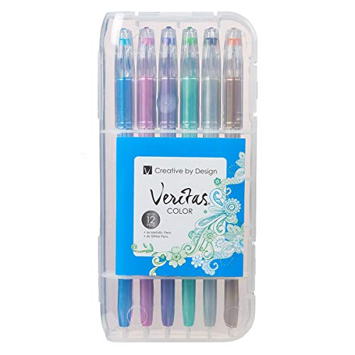 Christian Art Gifts Veritas Gel Pen Set 12 Pack Assorted Color Variety  6 Metallic  6 Glitter NonToxic Leadfree Diamond Tips wClear Case for Coloring Journaling Drawing Compact Travel