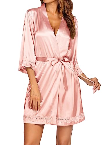 Ekouaer Women39s LaceTrim Silk Robes Kimono Satin Bathrobe Short Sexy V Neck Sleepwear with 34 Sleeve