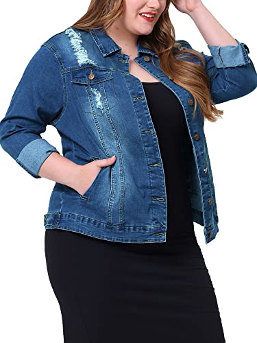 uxcell Women39s Plus Size Stitching Button Front Washed Denim Jacket