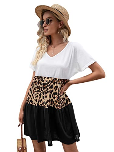 AnnaKaci Women39s Leopard Print Colorblock VNeck Short Sleeves TShirt Dress