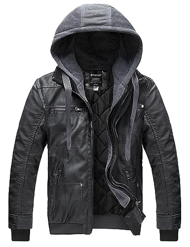 Coat for Men by Wantdo Faux Leather Motorcycle Jacket with Detachable Hood Casual Warm Winter Coat