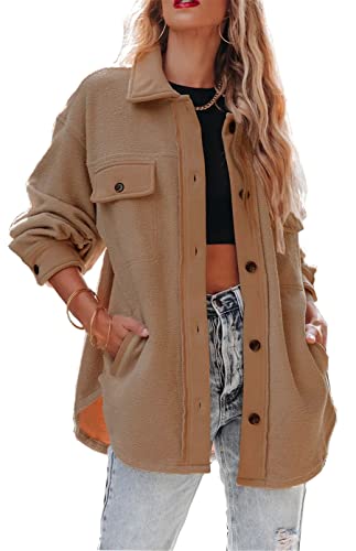 Urban Virgin Womens Causal Button Down Long Sleeve Shacket Jacket Sherpa Breasted Trench Oversized Lapel Coat