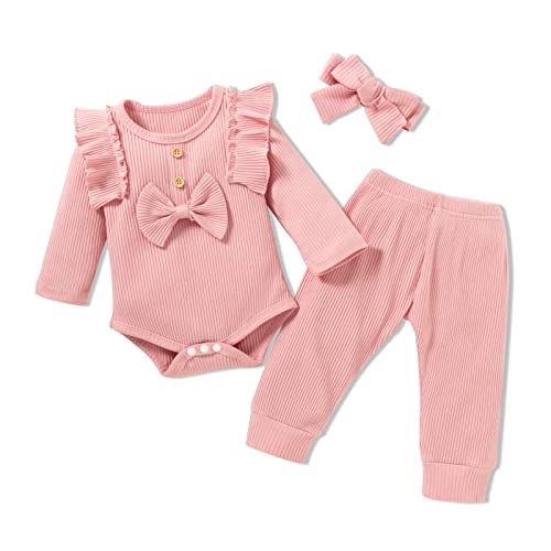 PATPAT 3Pcs Newborn Infant Baby Clothes 95 Cotton Ribbed Long Sleeve Ruffle Bowknot Romper and Pants with Headband Set