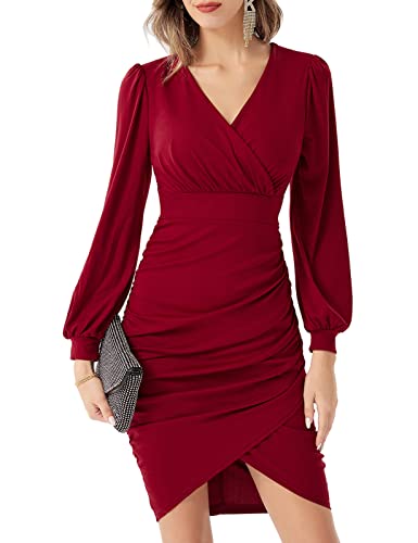 GRACE KARIN Women39s Elegant Ruched Wrap Dress V Neck Long Lantern Sleeve Bodycon Cocktail Party Pencil Dresses