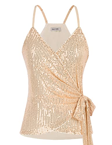 GRACE KARIN Women39s Sequin Tank Tops Sparkle Shimmer Cami Wrap V Neck Tie Waist Sexy Club Vest