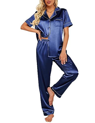 Ekouaer Silk Satin Pajamas Set Women TwoPiece Nightwear Short Sleeve Sleepwear Soft Button Down Loungewear Pjs Set SXXL